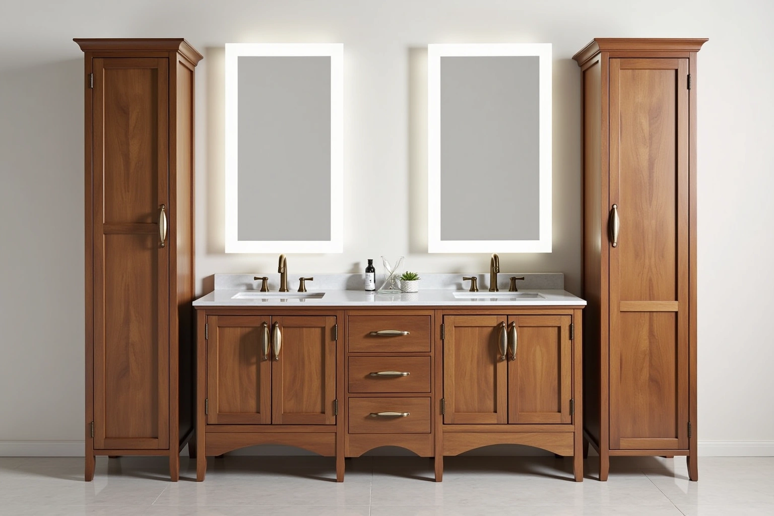 Walnut double vanity with brass faucets, a white quartz top and two backlit mirrors, flanked by tall linen cabinets.