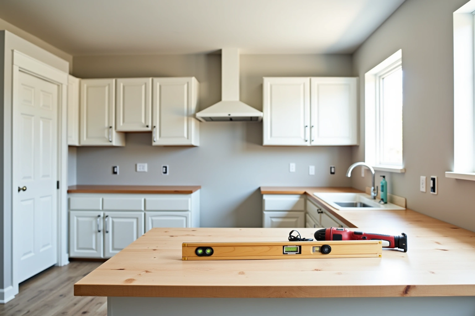 White raised-panel cabinets just installed in a new kitchen, a level and drill on the bare island top.