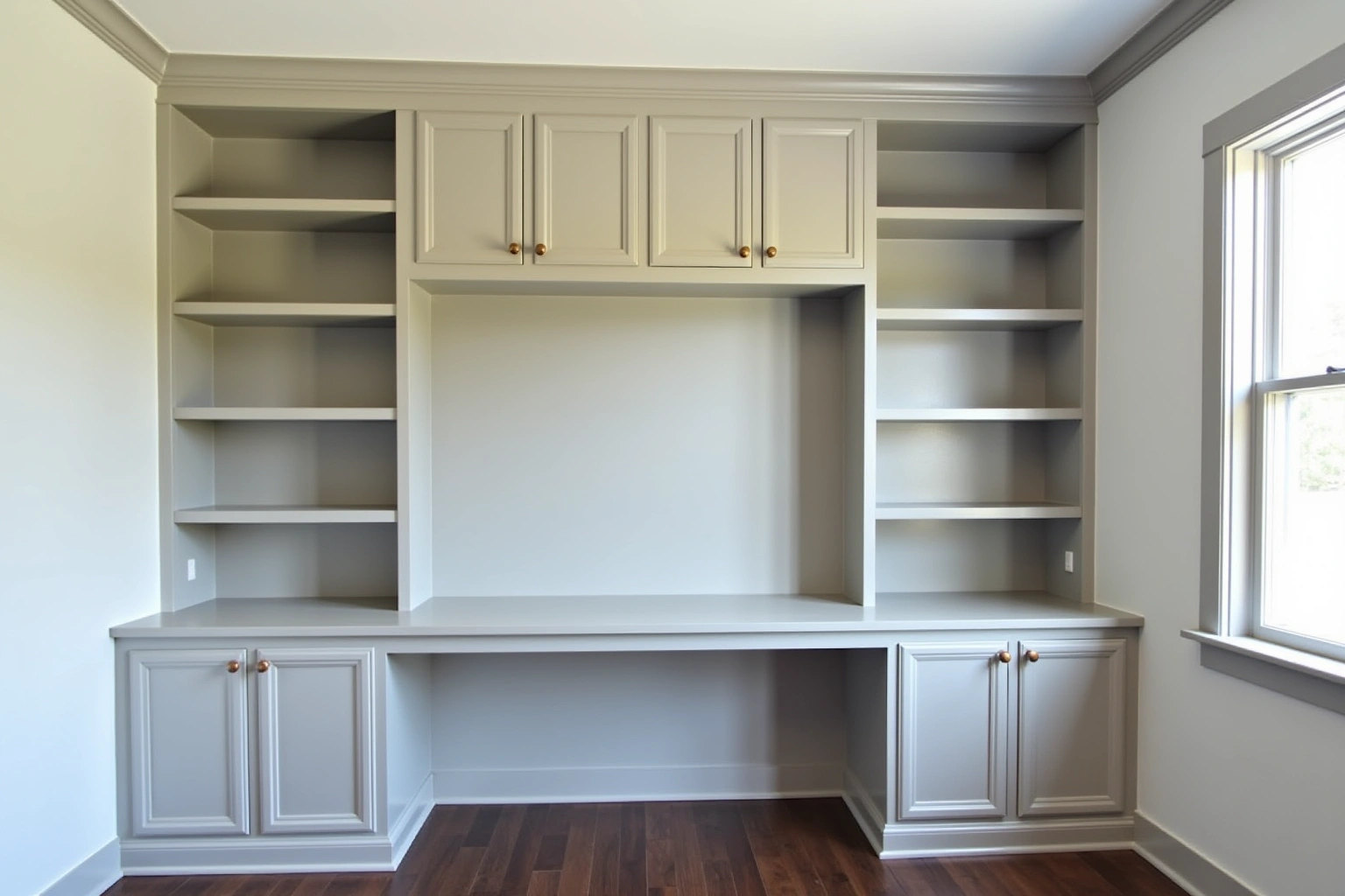 Home office wall of soft grey built-in cabinets and open shelves around a long built-in desk.