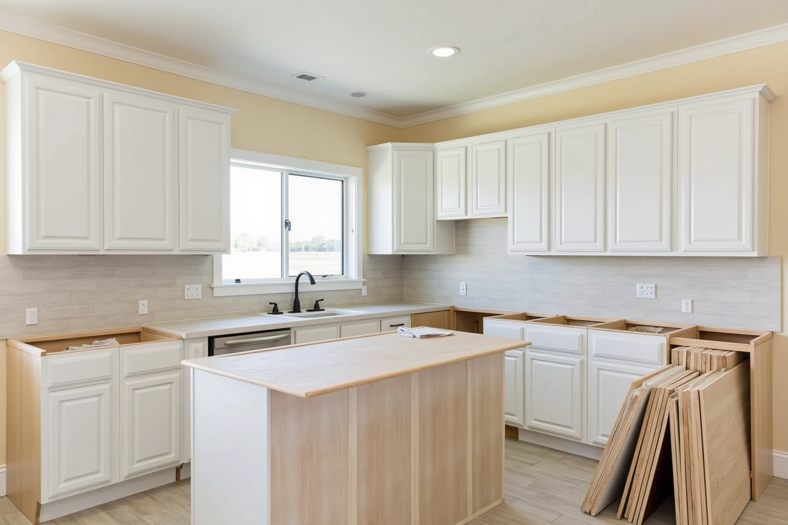 Kitchen mid-refacing with new white raised-panel doors hung, bare base boxes and veneer sheets leaning by the island.
