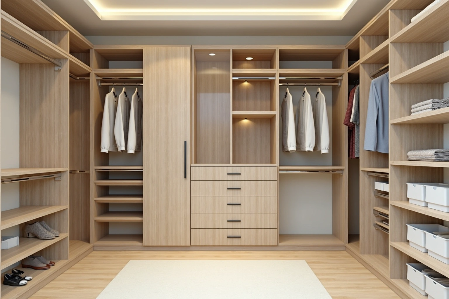 Fitted walk-in closet in light oak with hanging sections, a bank of drawers, shoe shelves and white storage bins.