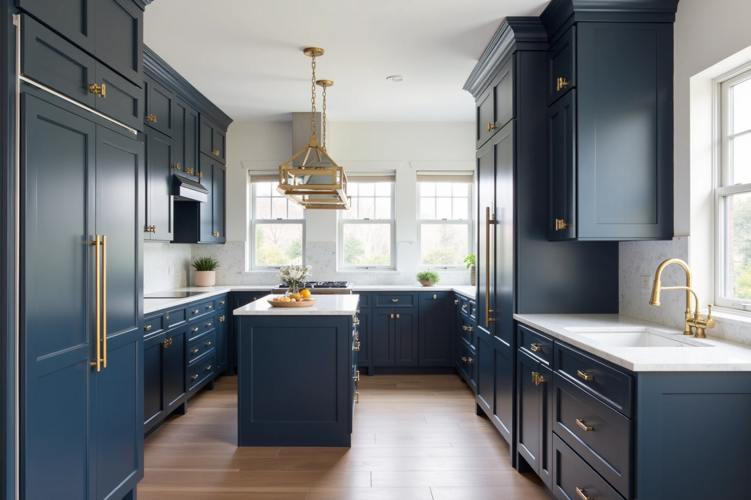 Floor-to-ceiling navy shaker cabinets with brass hardware, a paneled refrigerator, white marble counters and a brass pendant.