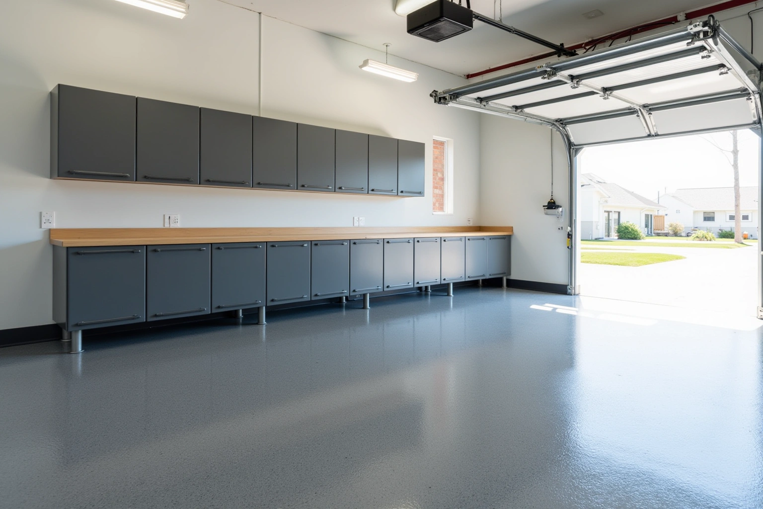 Grey steel garage cabinets on legs with a wood workbench top, an epoxy floor and the garage door open.