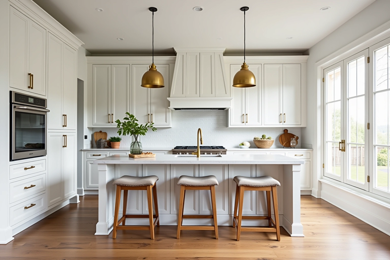 White shaker kitchen with brass pulls, a white island with three wood stools under brass pendants, wood floor.