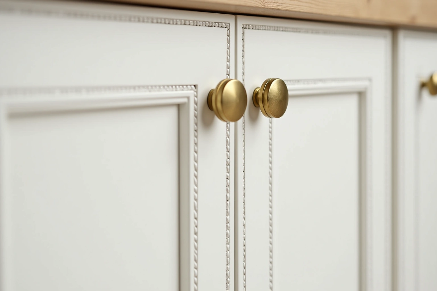 Close view of soft white inset doors set flush in a beaded face frame with round brass knobs.