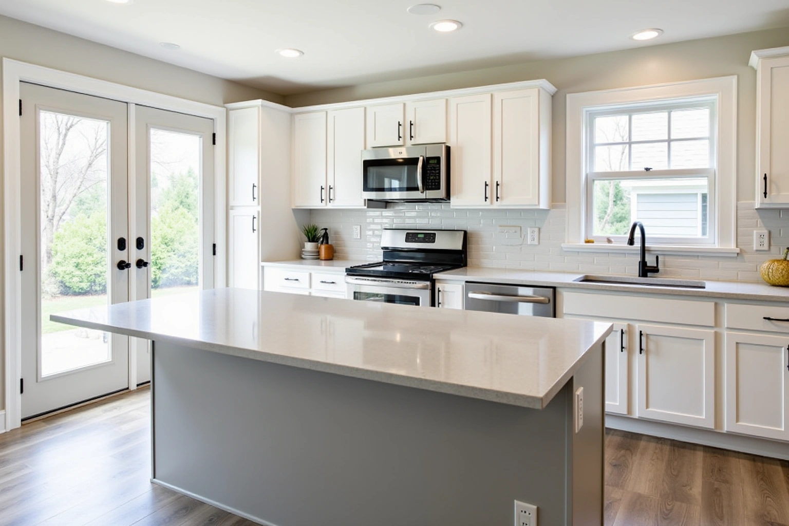 White shaker kitchen with matte black pulls, a grey island, white subway tile and stainless appliances.