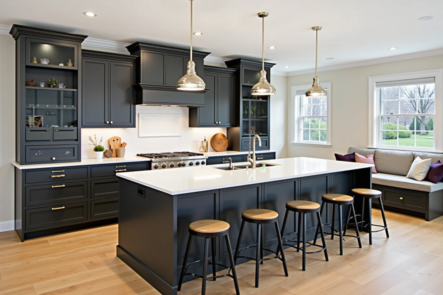 Large charcoal island with a white quartz top and five round stools under three pendants, charcoal cabinets behind.