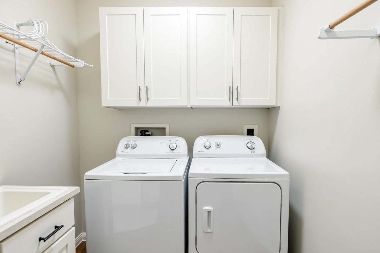 White shaker upper cabinets above a plain white washer and dryer, with a utility sink and wall drying rack.