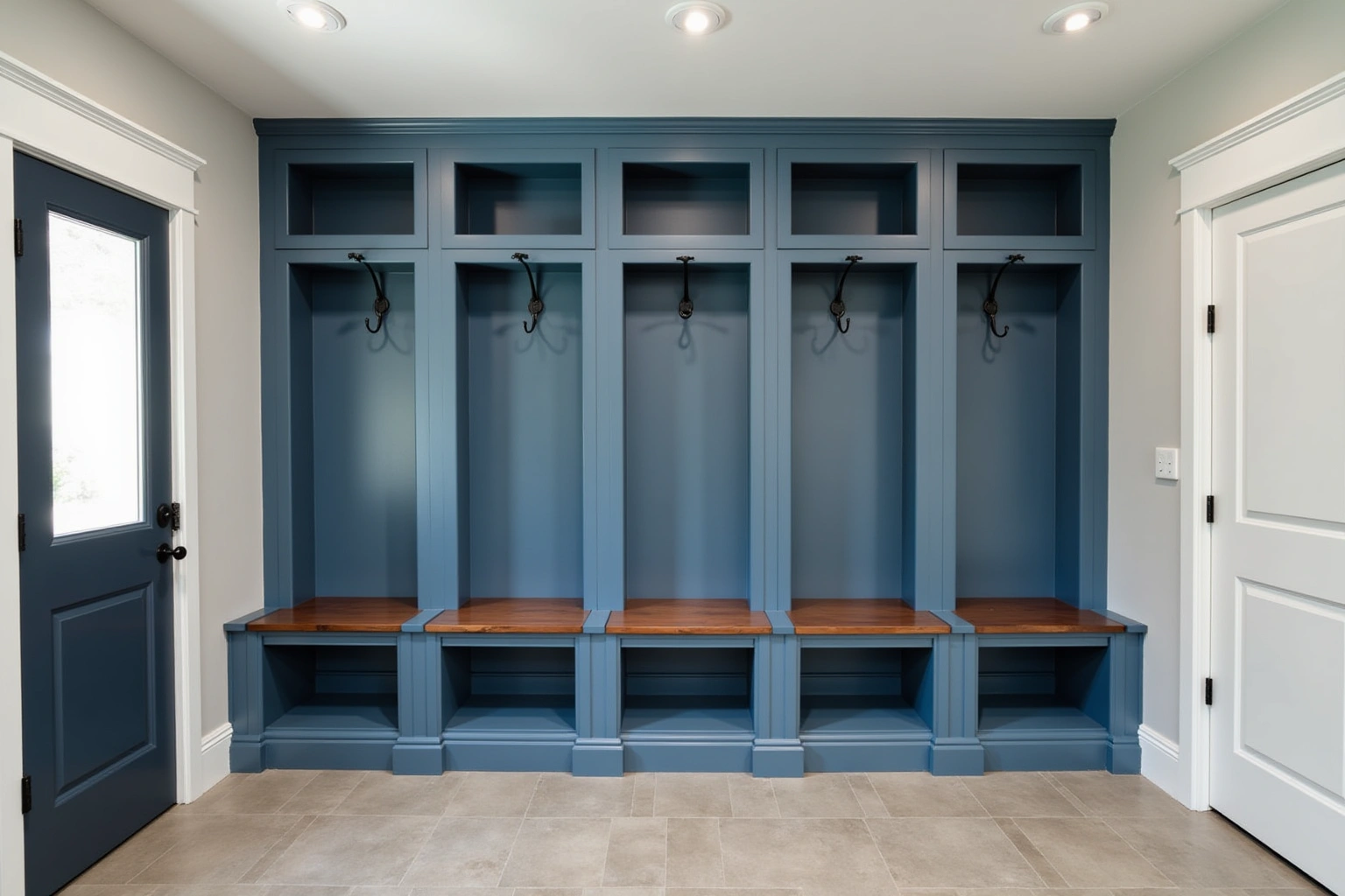 Five deep blue mudroom lockers with wood bench seats, black coat hooks and open cubbies above.