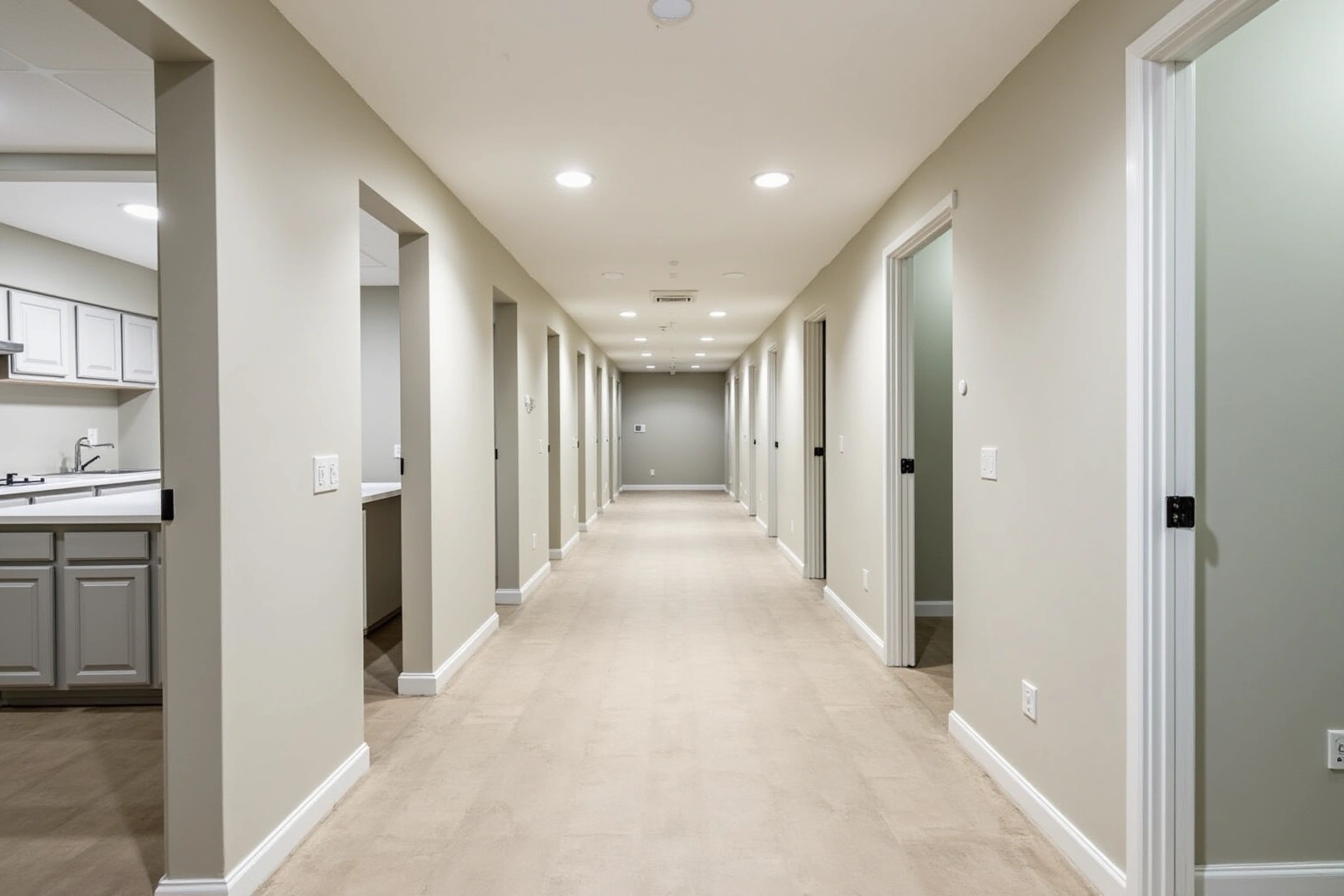 Long corridor of a new apartment building with open unit doors, grey cabinets visible in the nearest kitchen.