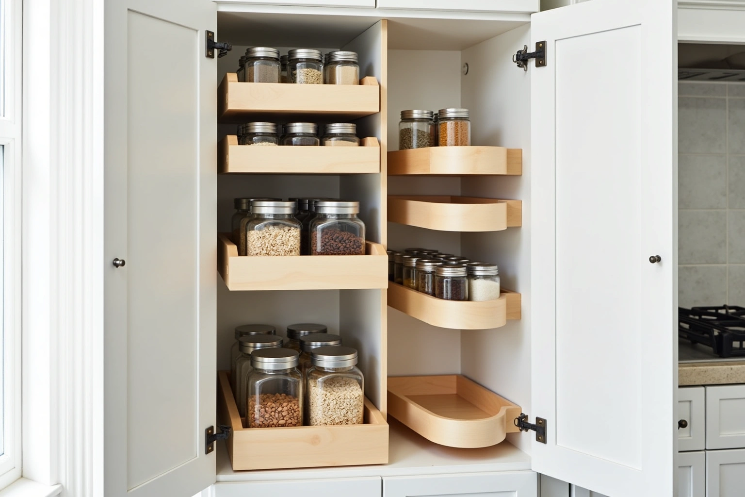 White pantry cabinet open to show maple roll-out trays of plain glass jars and a curved pull-out rack.