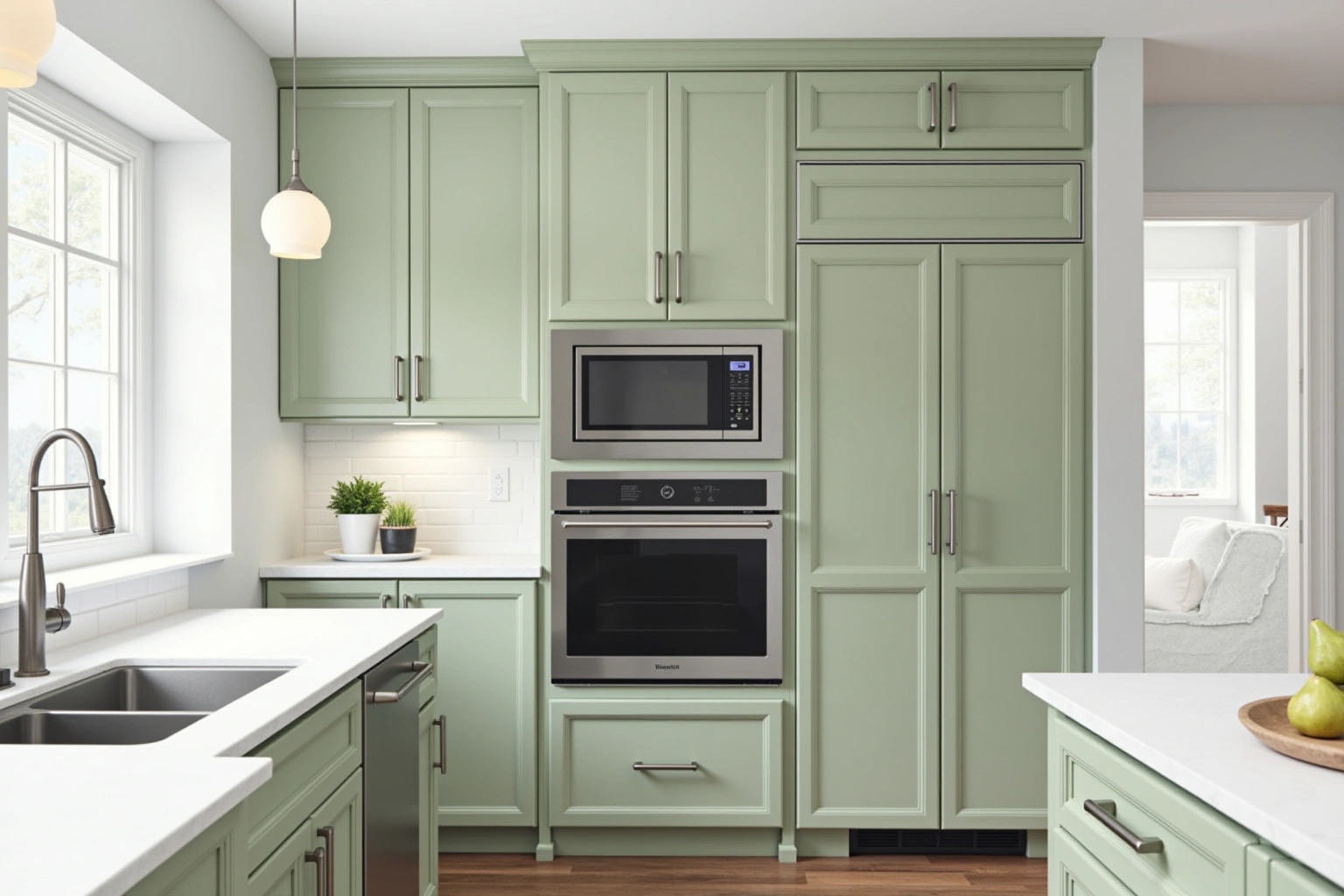 Sage green raised-panel cabinets with brushed nickel pulls around a stainless wall oven and microwave, white quartz counters.