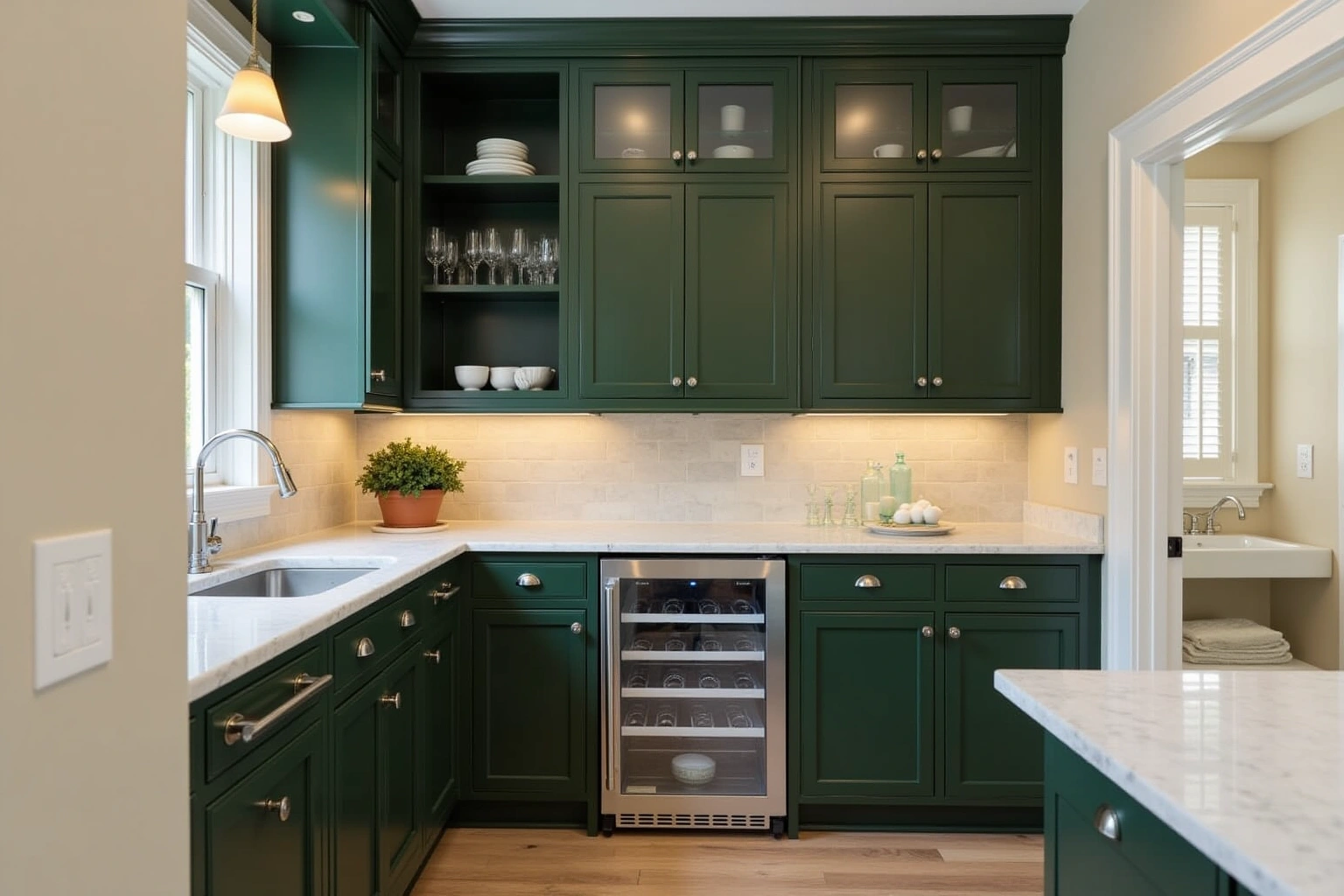 Dark green butler's pantry with glass-front uppers, a stainless beverage fridge, marble counter and a small sink.