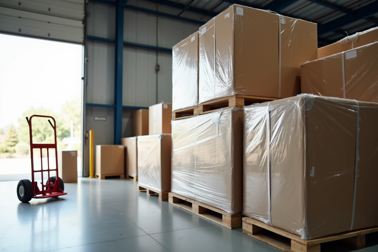Shrink-wrapped cabinet boxes stacked on wood pallets on a warehouse floor beside a red hand truck.